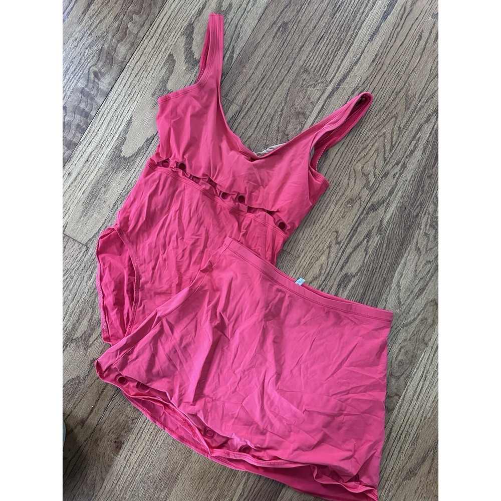 KARLA COLLETTO Womens Size 10 Red Coral One-Piece Cutout Swimsuit & Skirt Set